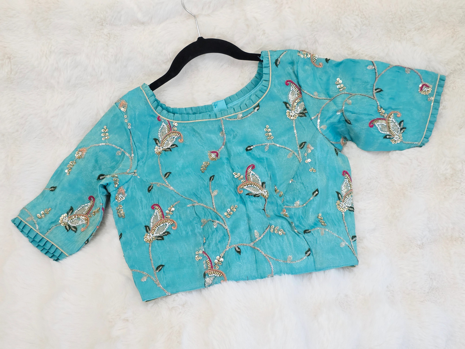 Aqua Blue Tissue Fabric Embroidered Sequins Designer Blouse
