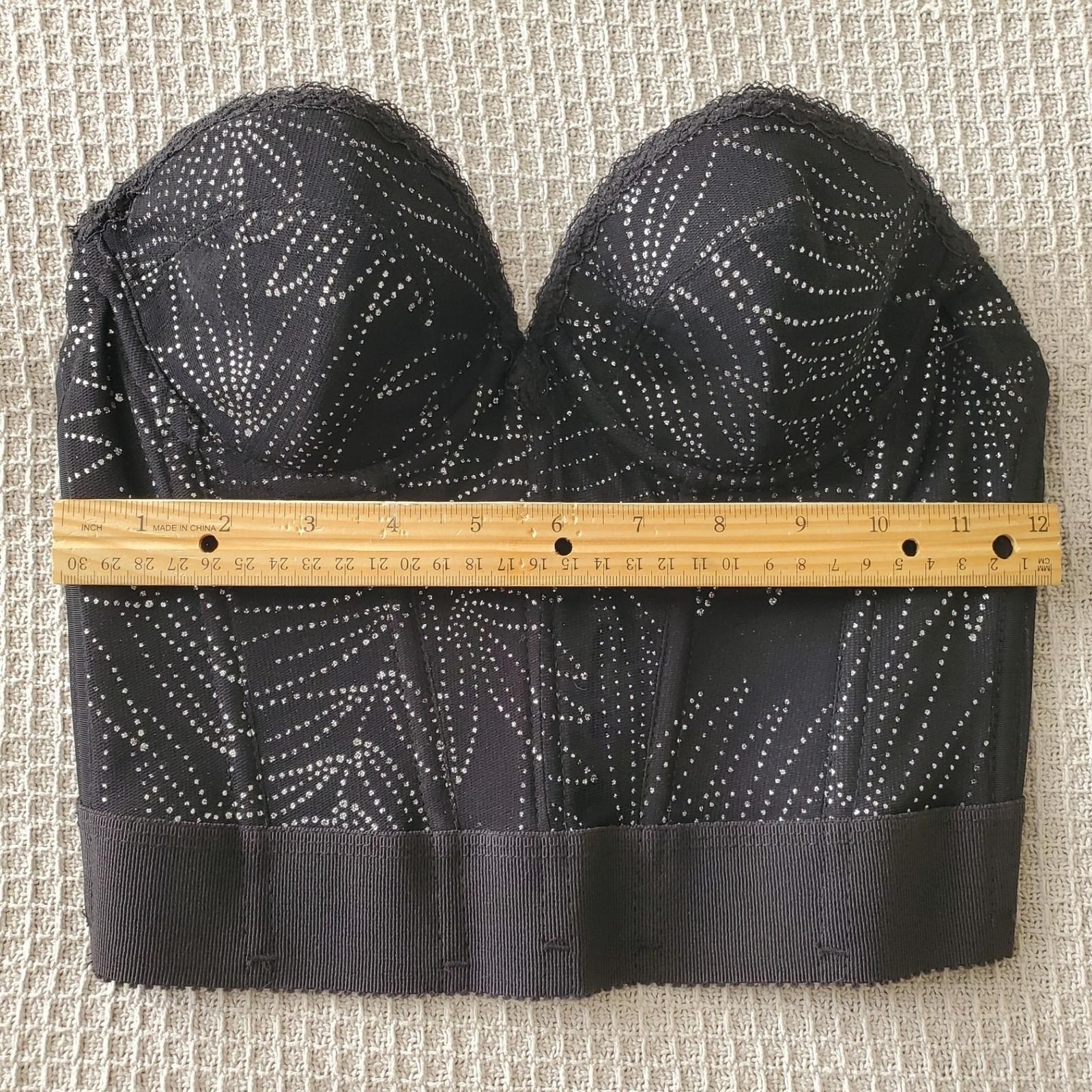 Vintage 90s Black Silver Lace Corset Strapless Floral Bustier Mesh Lingerie 34B