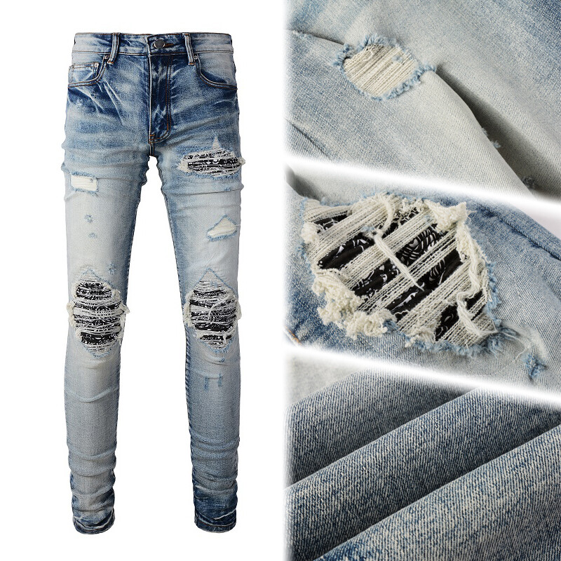 Men’s Slim Fit Stretch Denim Jeans with Paisley Patch Detail & Distressed Wash