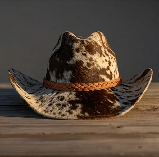 Handmade Genuine Cowhide Leather Cowboy Hat Brown White Western Hair on Hide