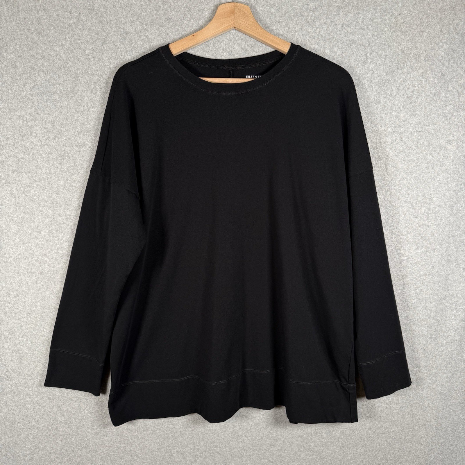 Eileen Fisher Shirt Womens Medium Round Neck Long Sleeve Cotton Black