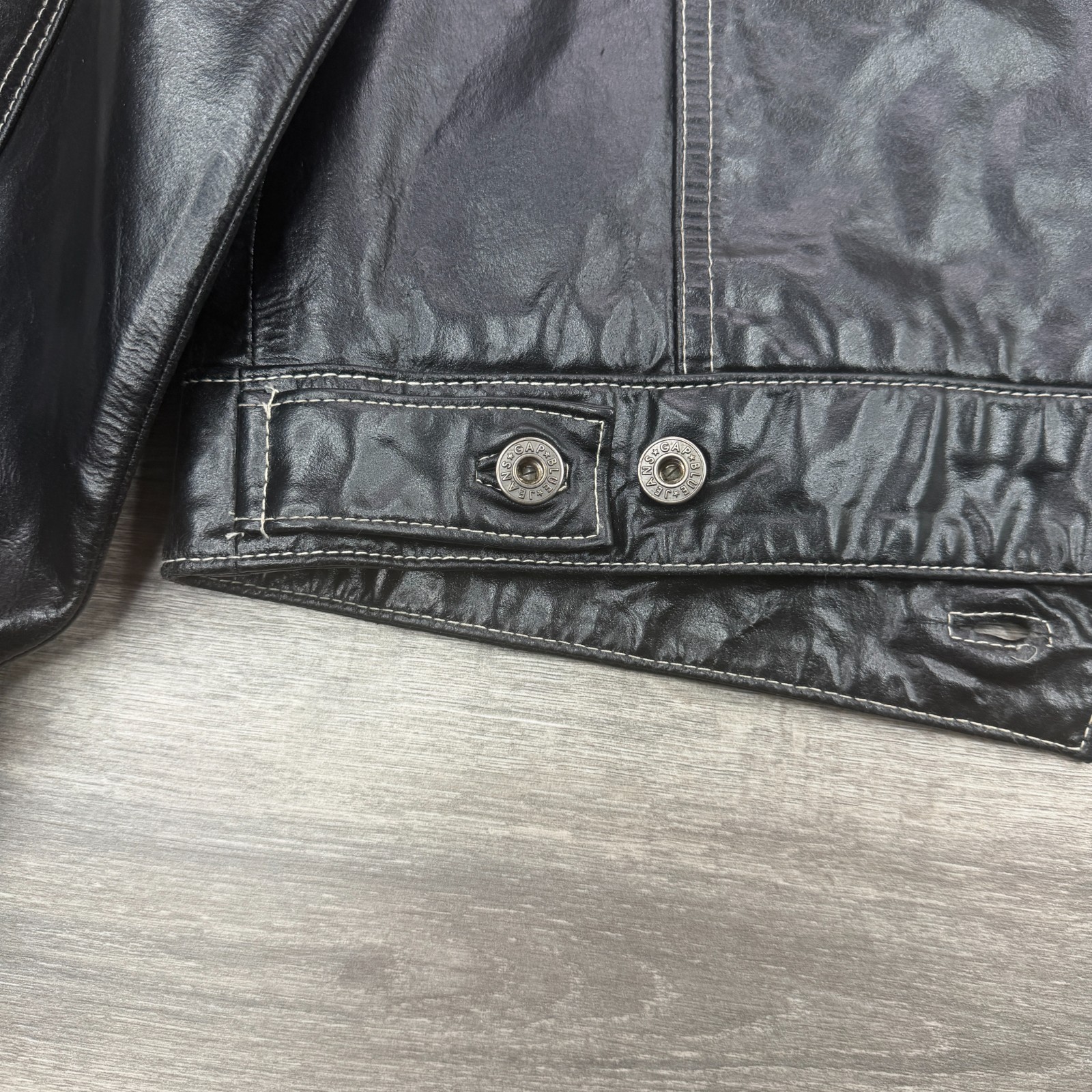 VTG Gap Leather Jacket Mens Small Black Trucker Boxy Stitch Moto Biker Y2K 90s
