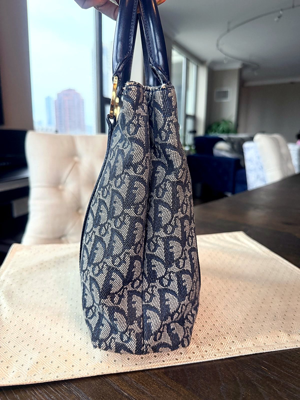 Authentic Christian Dior Navy Trotter Monogram Canvas Tote Bag Gold Hardware