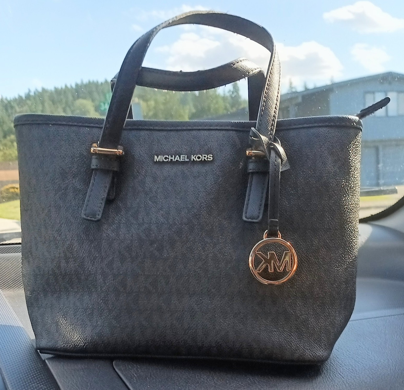 Michael Kors Women’s Black Logo Tote, Gold Hardware, MK Charm, Zip Closure