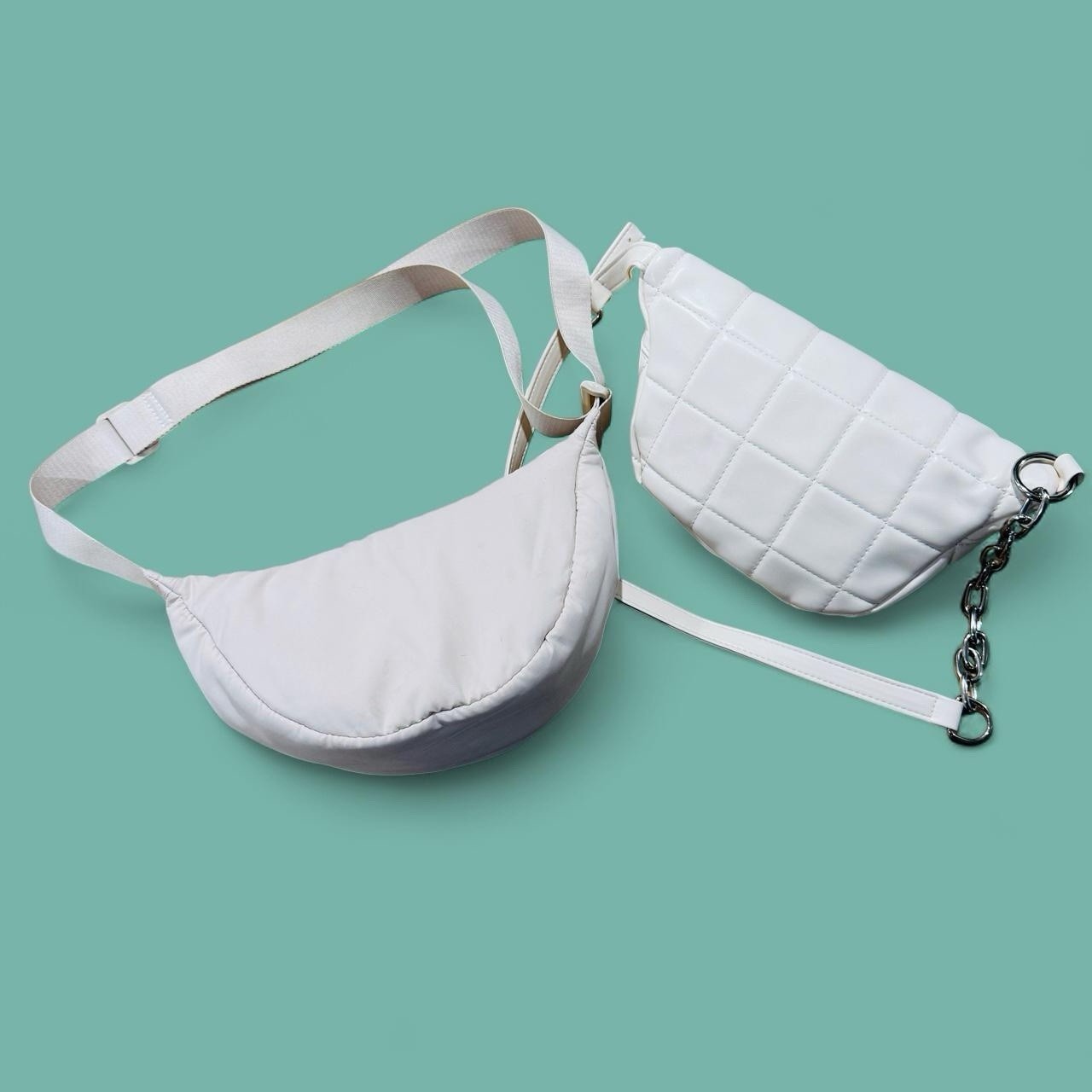Off White Crescent Shoulder Bag & Quilted Belt Purse Lot Y2K Minimalist Cream