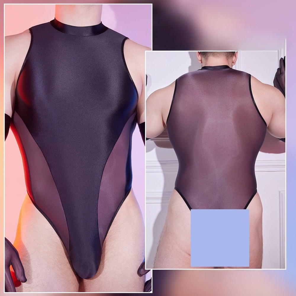 Men Sexy Sheer Oil Glossy Shiny High Cut Thong Leotard Jumpsuit Top Bodysuit