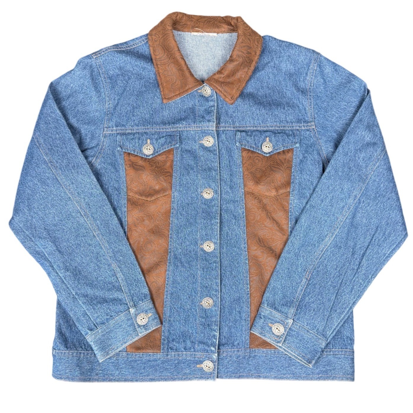 Vintage 1970s Western Denim Jacket Tooled Leather Panels Ornate Buttons