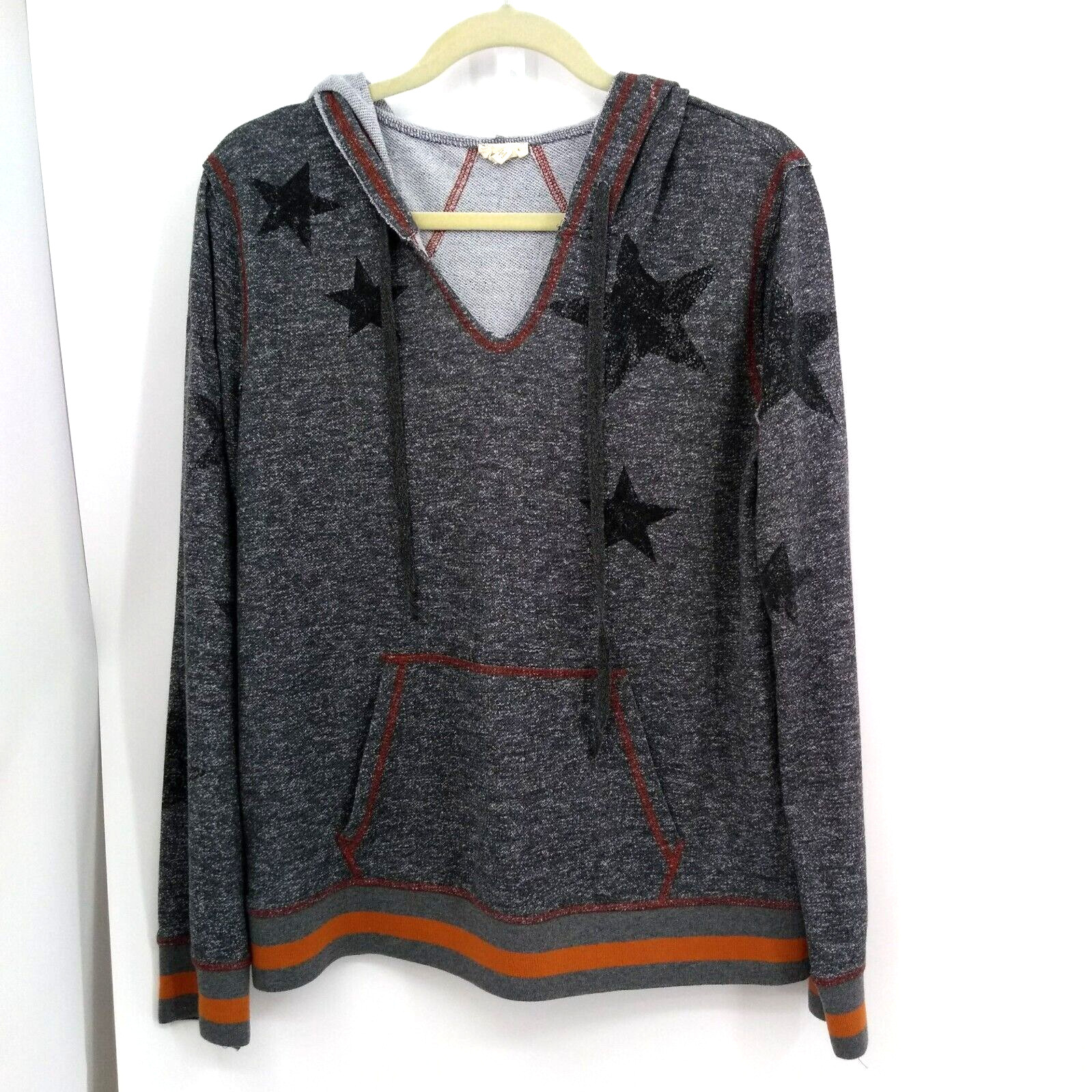 Hem Thread Hoodie Woman Large Charcoal Gray Orange Stars Pullover