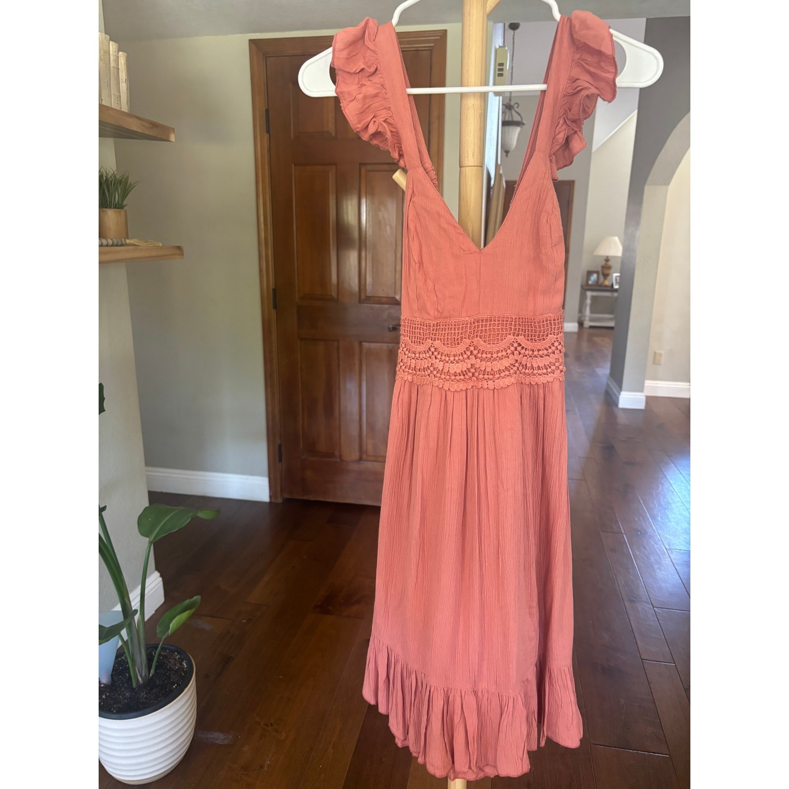 Sincerely Jules Terracotta Rose Crochet Ruffle Flutter Strap Mini Dress S NWT