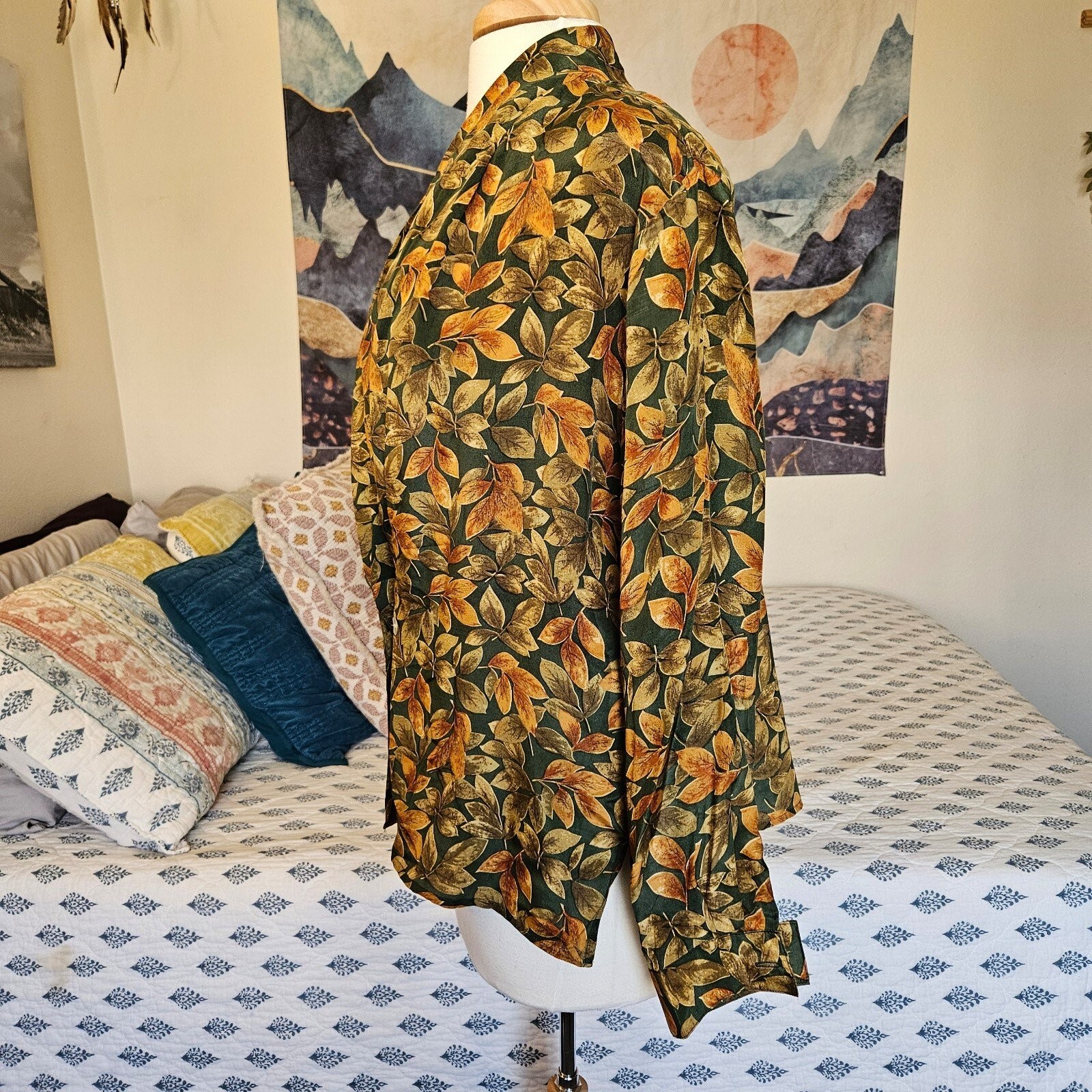 Quo 100% Silk Blazer Jacket Womens Large Boho Floral Leaf Print Lightweight
