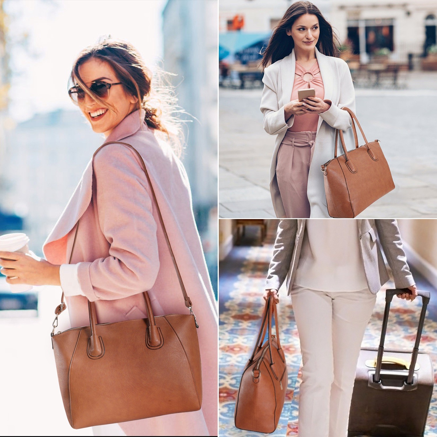 Caramel Brown‌ Handbag Shoulder Bag PU Leather Zipper Tote Bag Satchel for Women
