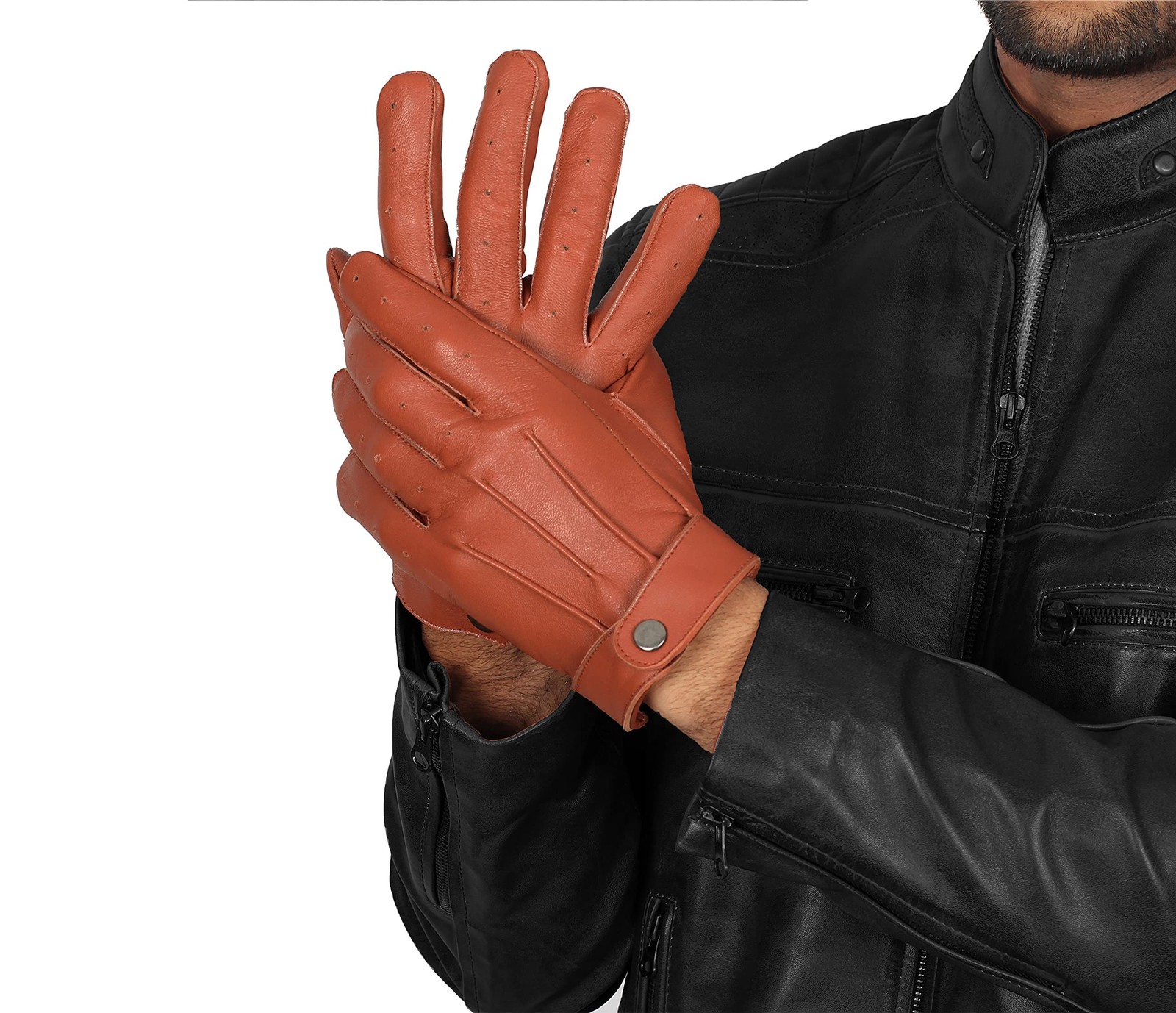 Mens Real Leather Driving Gloves Warm Winter Thin Button Down Riding Glove