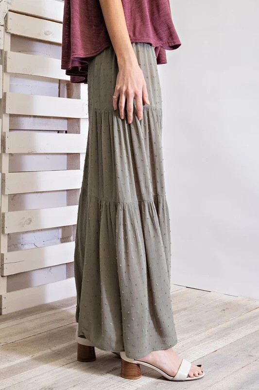 NWT S EASEL FADED OLIVE “ANY SEASON” SWISS DOT Tiered WIDE LEGS PANTS BHCS