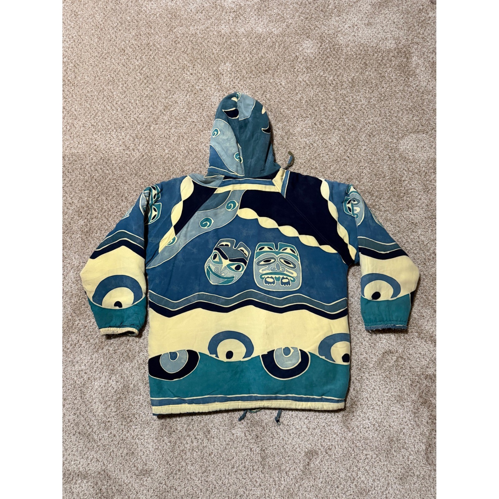 Asian Creations Jacket Mens Medium Blue Batik Eagle Mask Quilted Hooded Zip Up