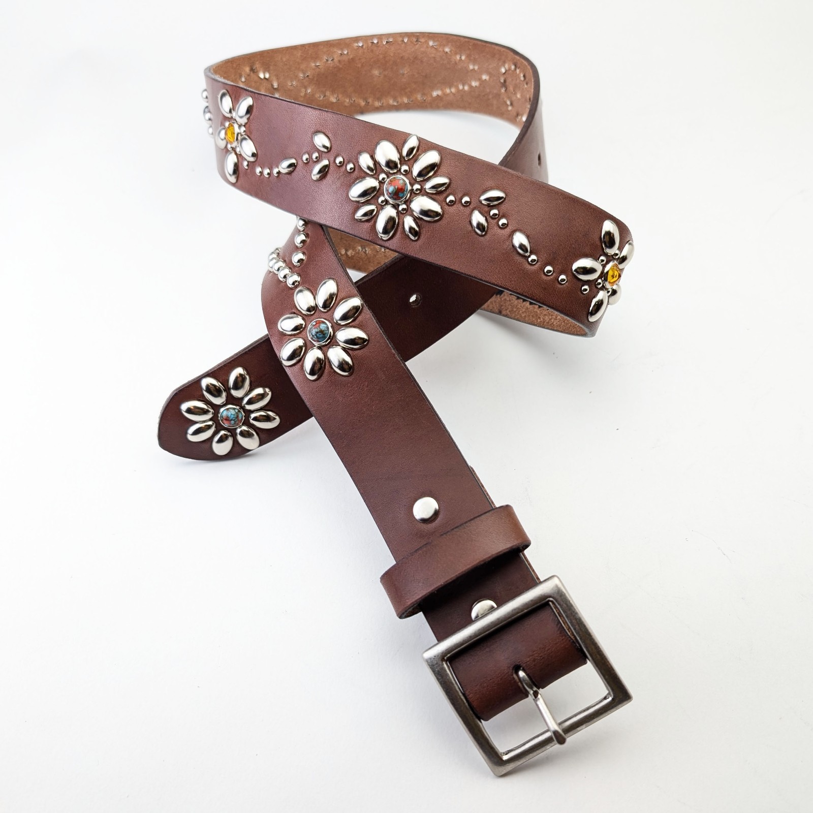 Handmade Dark Brown Leather Studded Biker Belt Vintage Western Style Japan