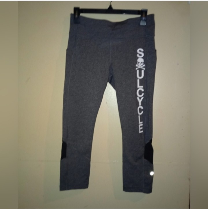 Soul by SoulCycle Cropped Gray/Black Ankle Leggings Mesh Zip Pocket Logo Size 8