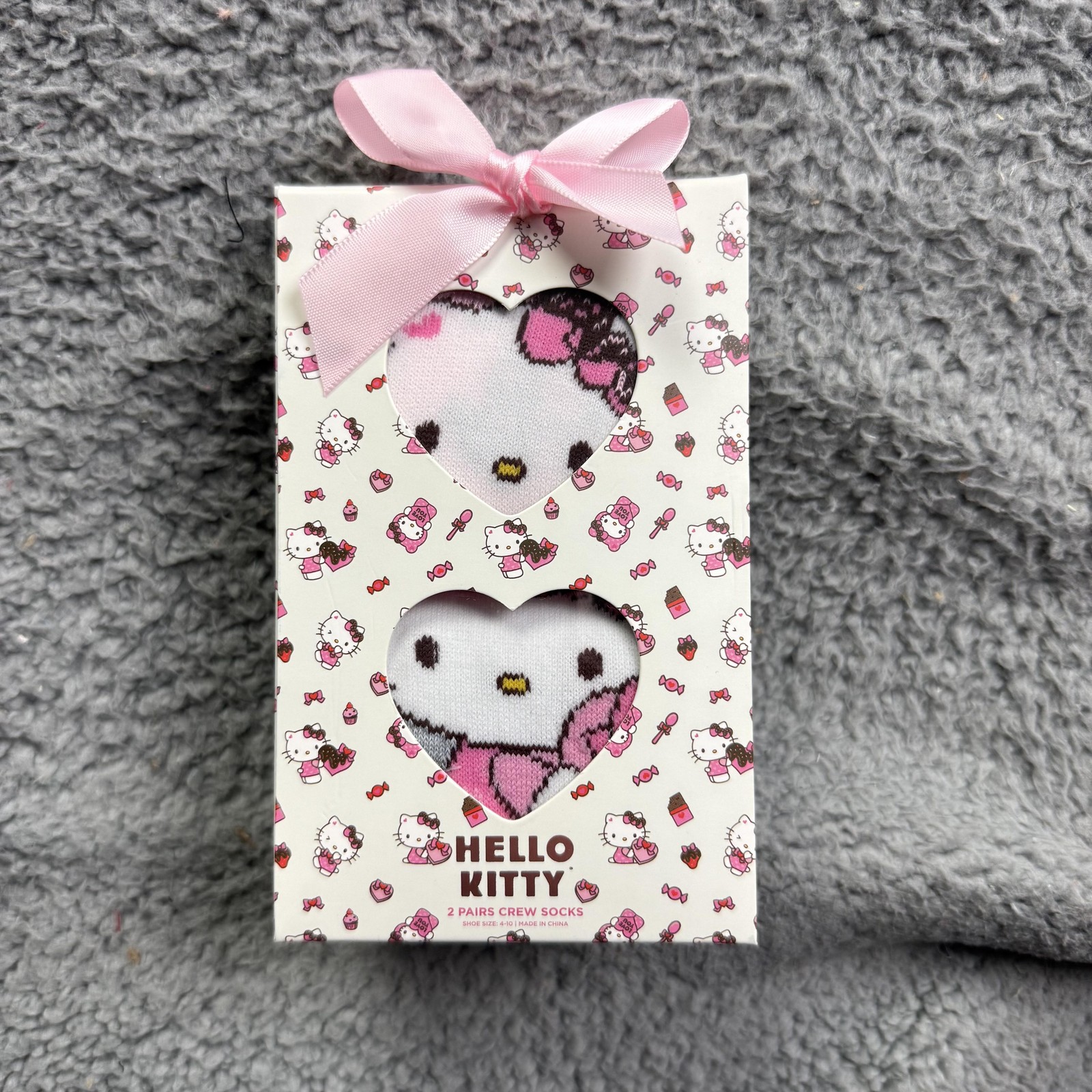 Sanrio Hello Kitty Socks Womens One Size 4-10 Pink Crew 2 Pairs Boxed Gift