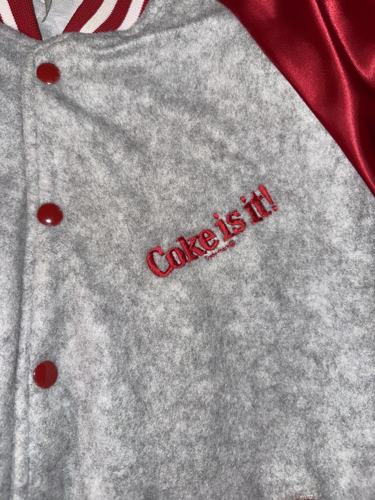 Vintage 80s “Coke Is It” Employee Coca Cola Fleece/Satin Bomber Jacket, Large.