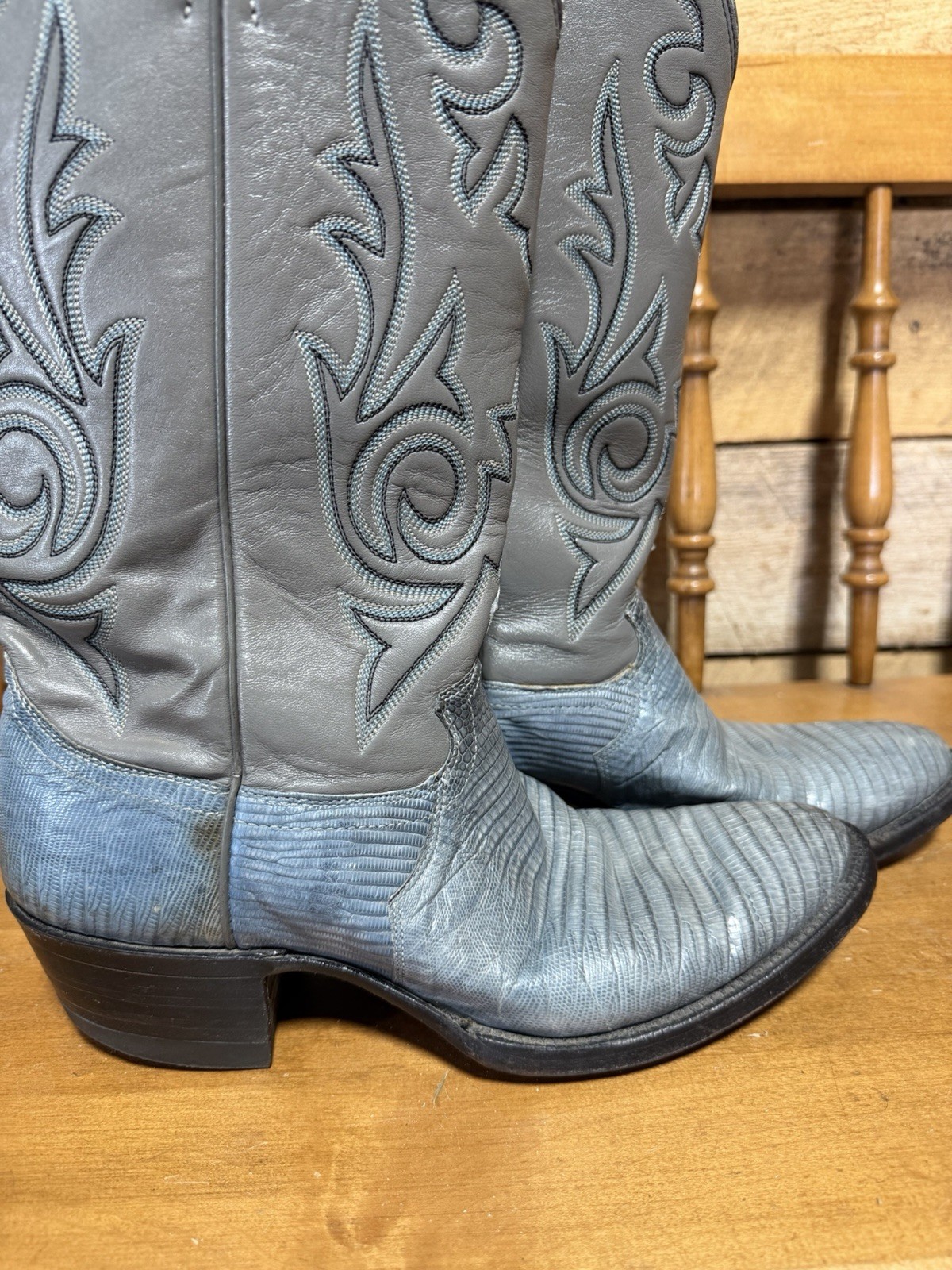 Vintage Justin Men Size 7 D Gray/Blue Teju Lizard Skin Cowboy Western Boots