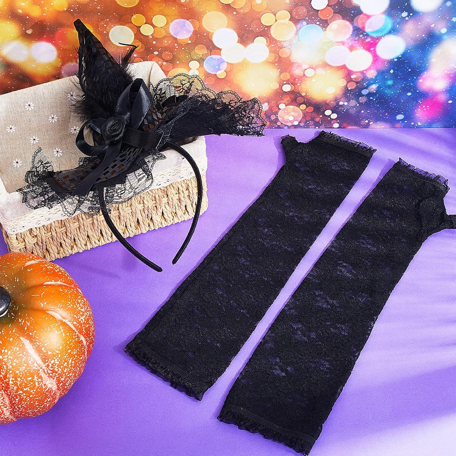 4 Pcs Halloween Witch Hat Headband and Lace Gloves Set | Black Lace Fingerless