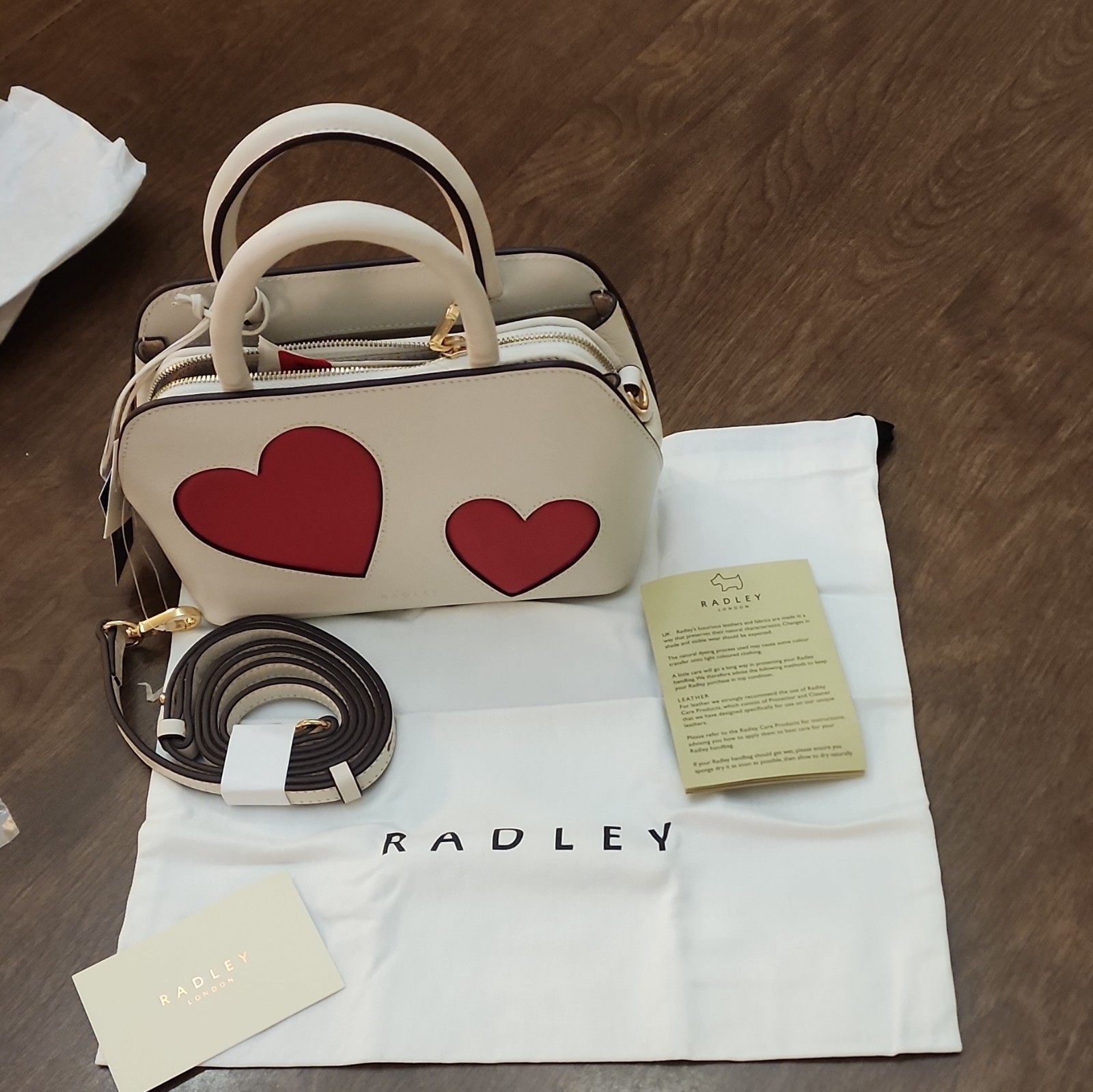 Radley London Valentines Hearts Small Zip Top Grab Satchel White Red Strap