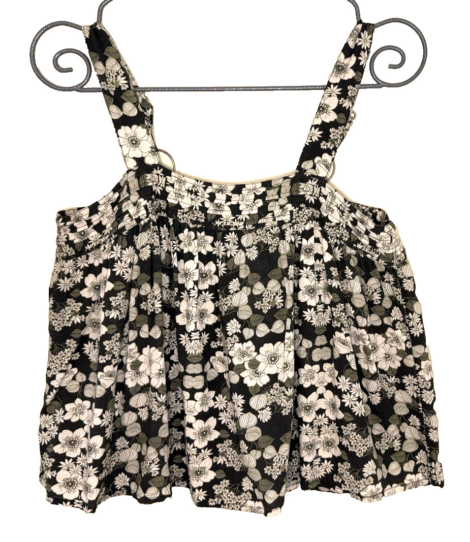 Natural Life Dark Green Cream Floral Graphic Tank Top Women Adjustable Hippie M