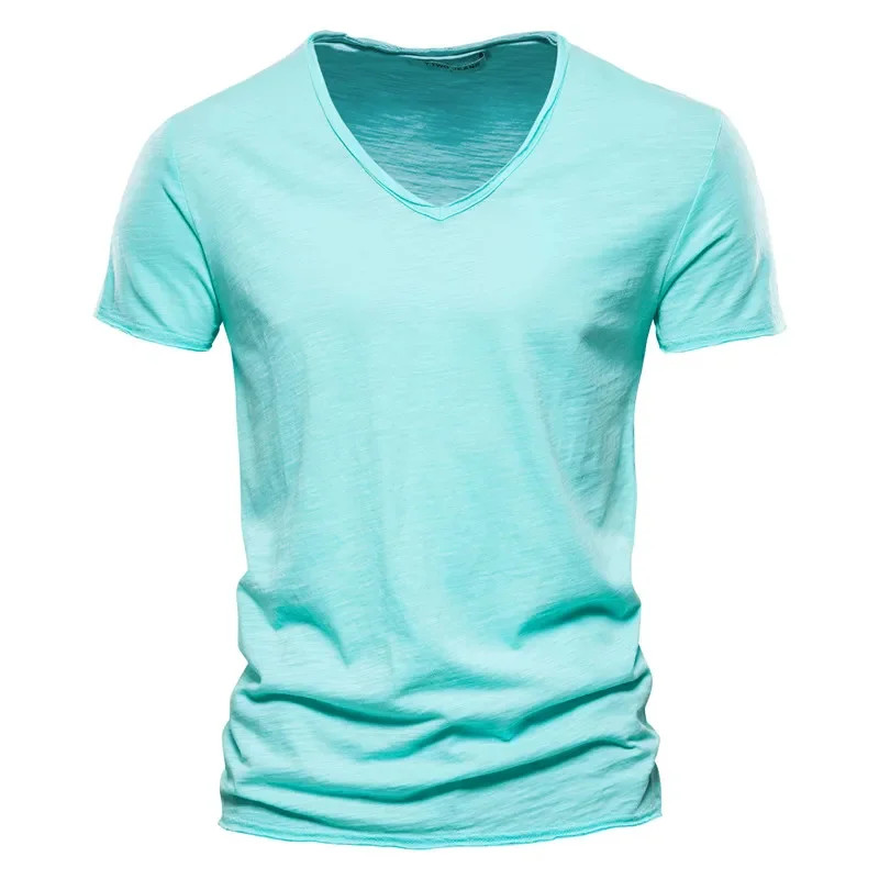 Men’s 100% Cotton V-Neck Slim Fit Solid Color Short Sleeve T-Shirt