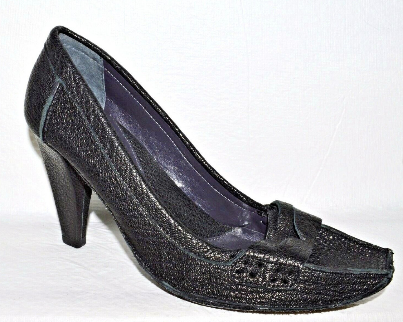 JESSICA BENNETT SZ 6.5 M BLACK PEBBLED LEATHER PENNY LOAFER PUMPS HEELS DRESS