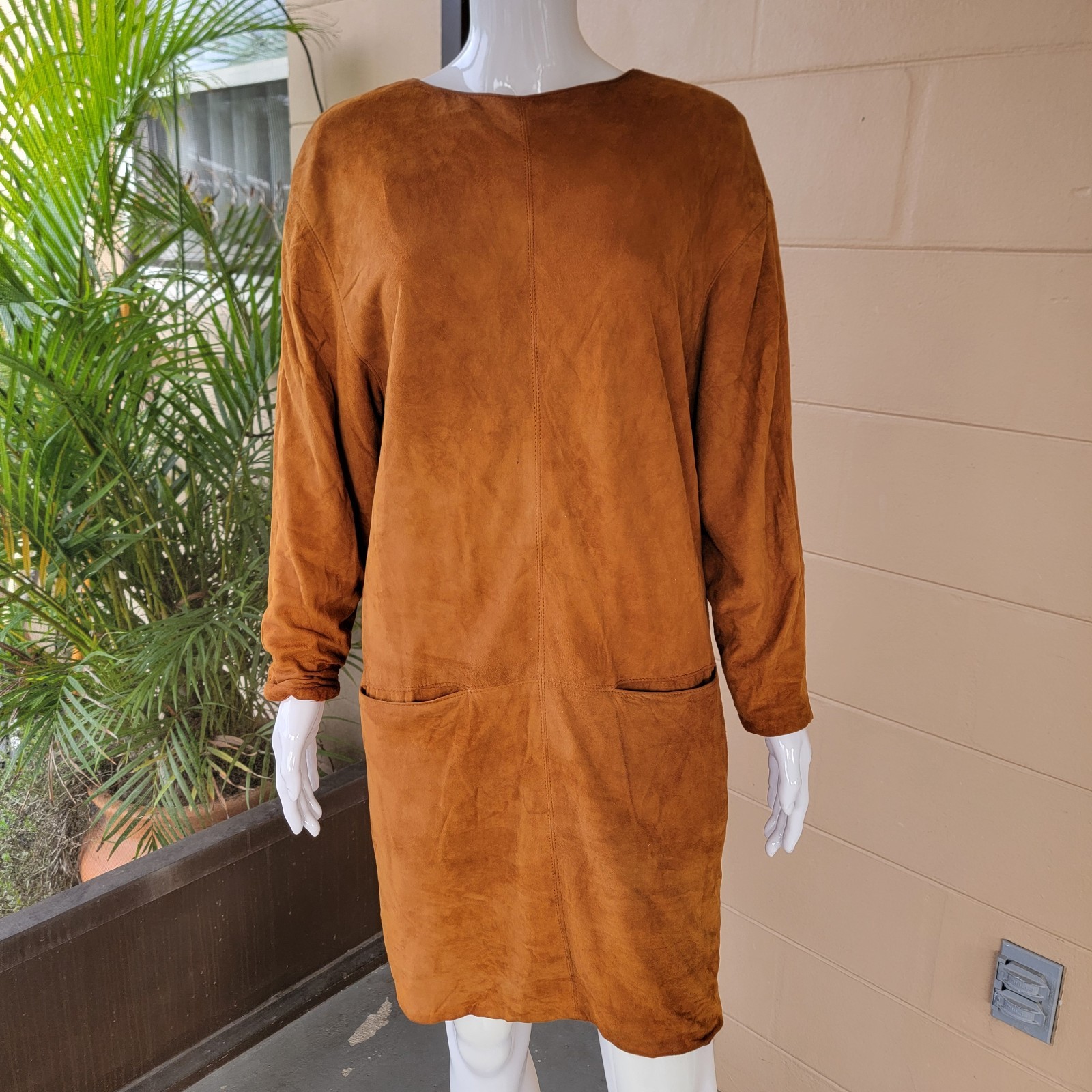 Vintage 70s Goatskin Suede Mini Shift Dress Tan Brown Women Size M