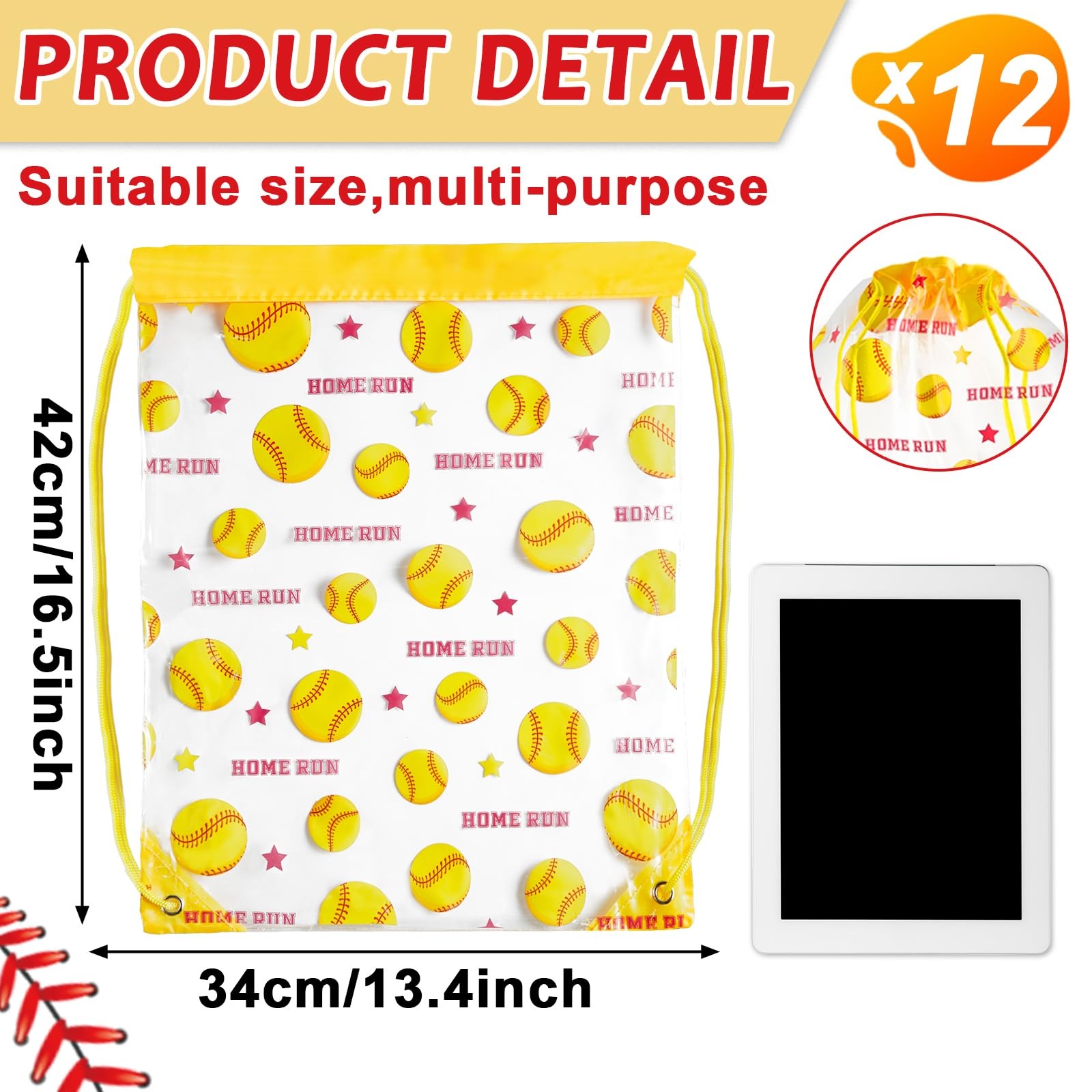 12 Pack Clear Softball Drawstring Bags Ball Game Srting Backpacks 17 × 13 Inc…