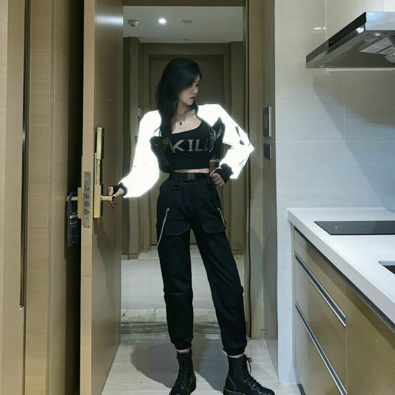 Women Reflective Crop Top Zipper Bomber Jacket High Waist Coat Party Outfit