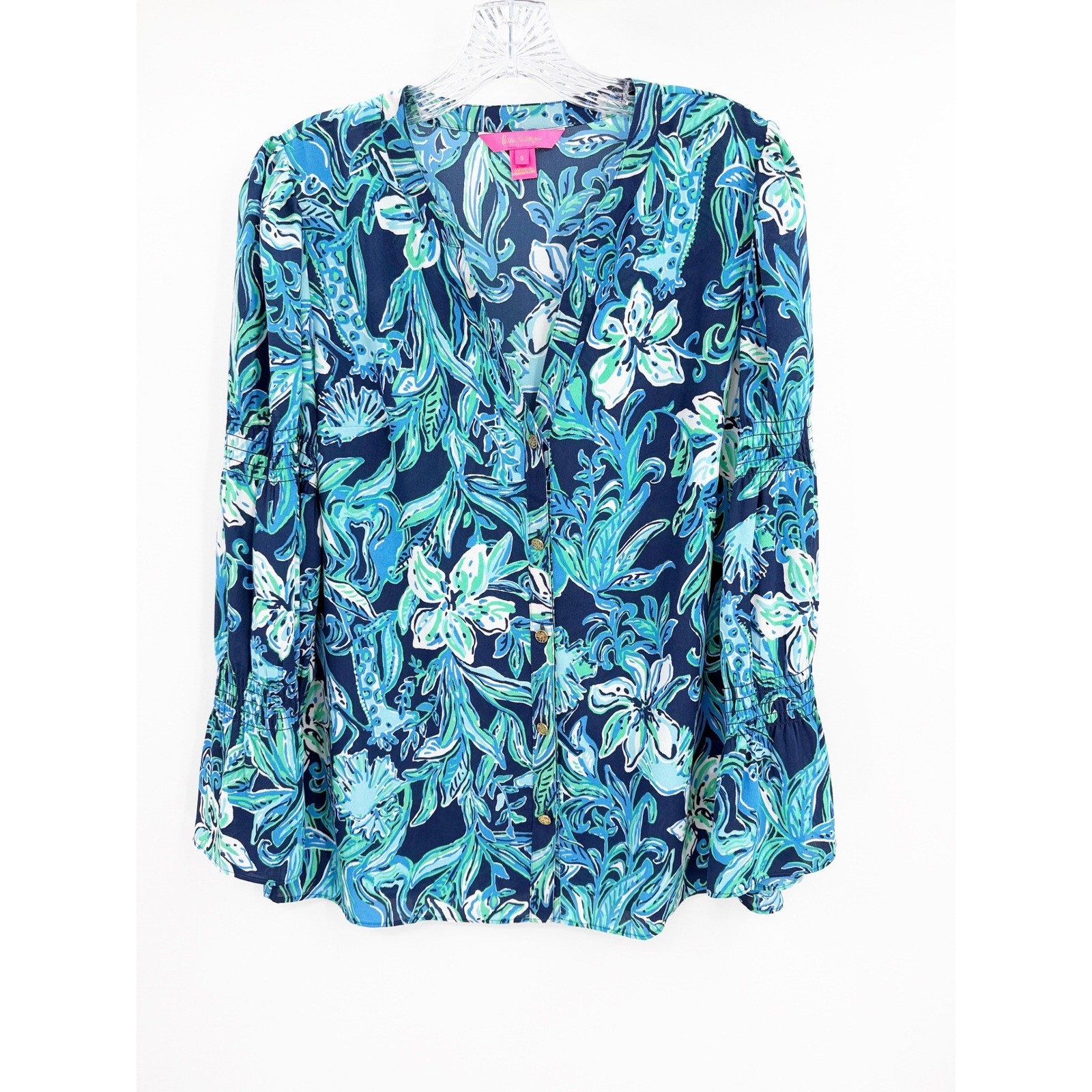 Lilly Pulitzer Maritza Top High Tide Take It or Leaf It Blue Floral Blouse S
