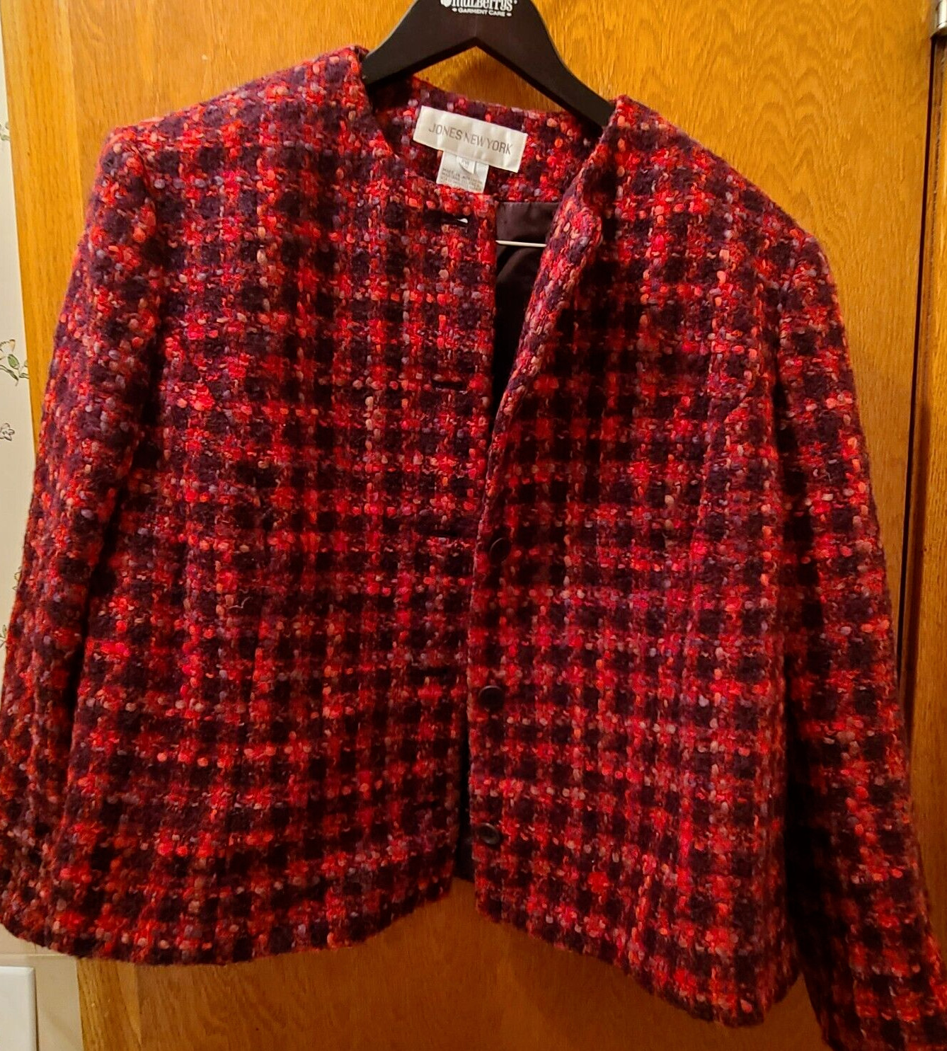 Jones New York Deep Red, Burgundy, & Pink Plaid Boucle Cropped Jacket size 18WP