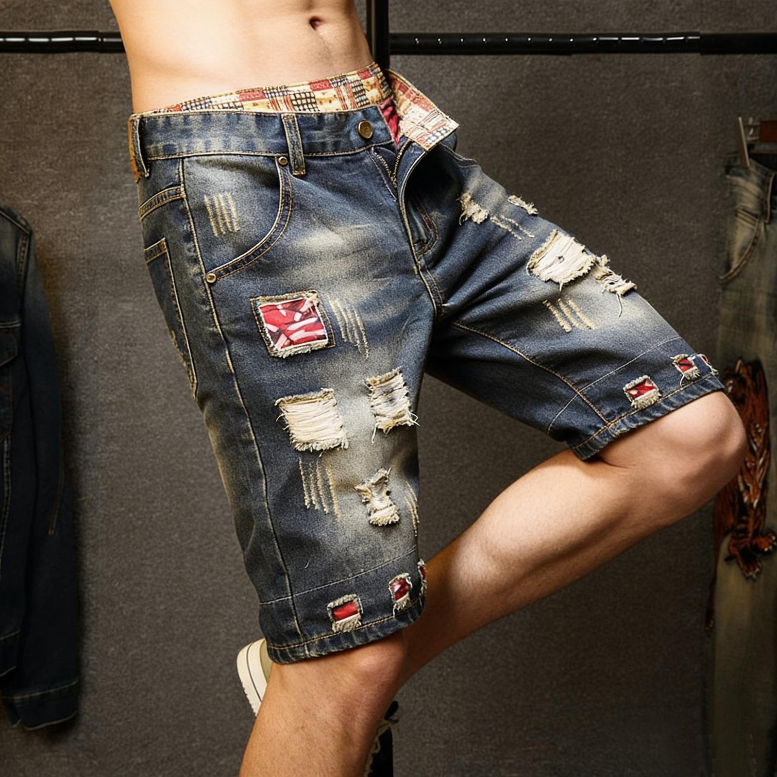Men’s Vintage Ripped Denim Shorts Casual Loose Street Style Summer