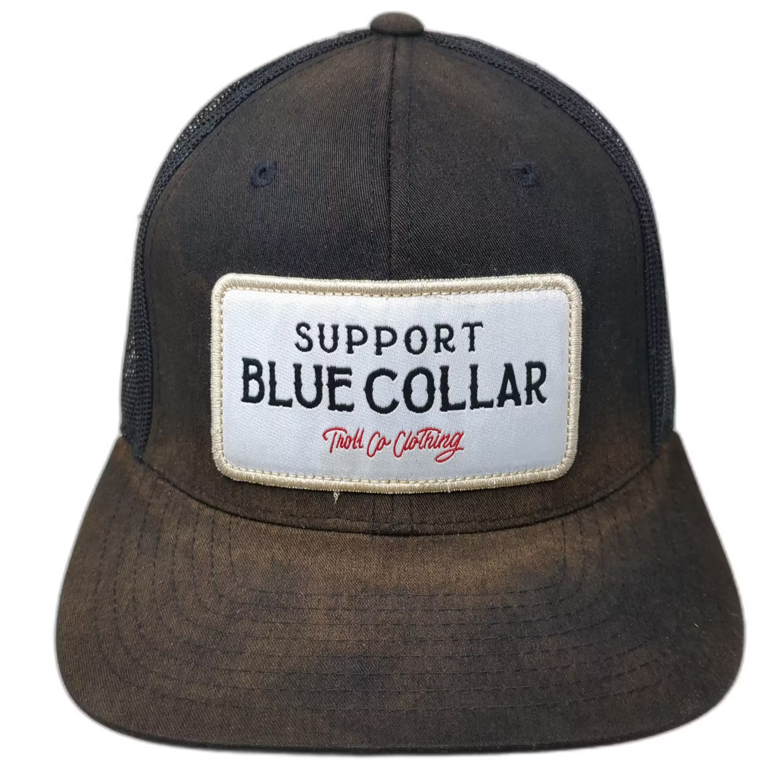 Troll Co Trucker Hat Black White Snapback OS Support Blue Collar Mesh Patch