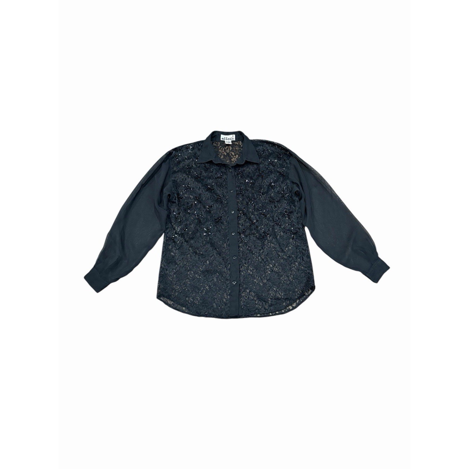 Effeci Womens Lace Sheer Button Up Top Sequins Gothic Dark Romantic Black Small