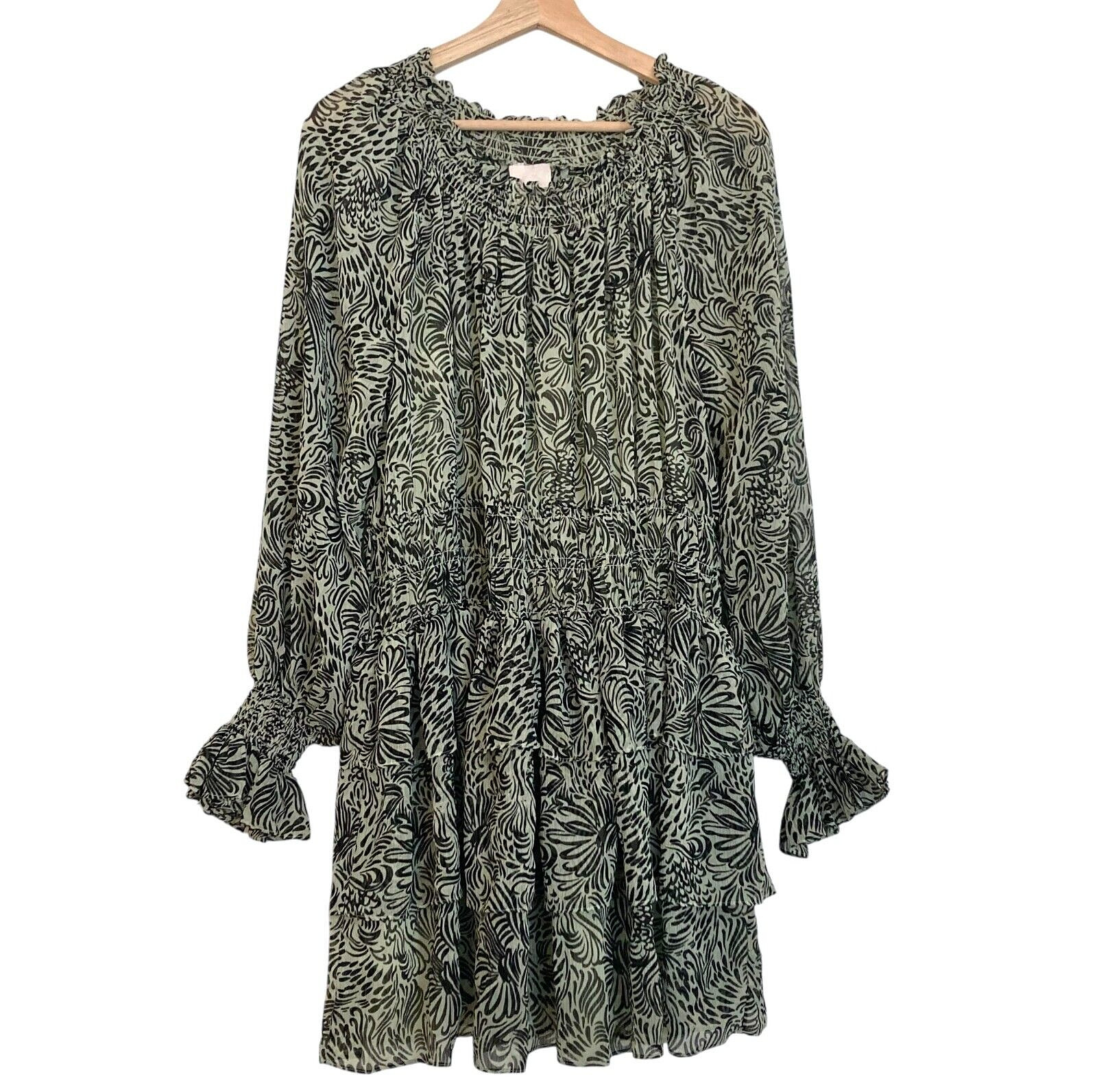 CINQ A SEPT Janelle Smocked Tiered Ruffled Mini Dress Size 8 Swirl Print Green