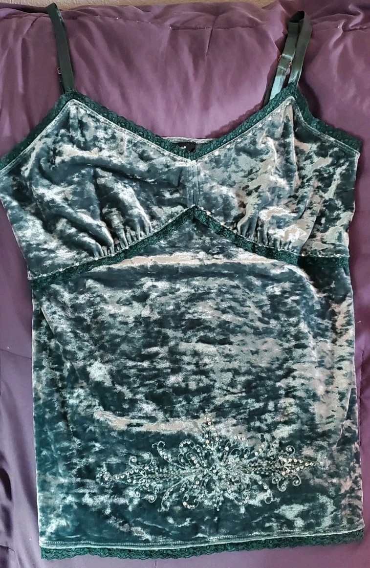 Karen Kane Green Embroidered Velvet Camisole Beaded & Lace Sz Lg EUC