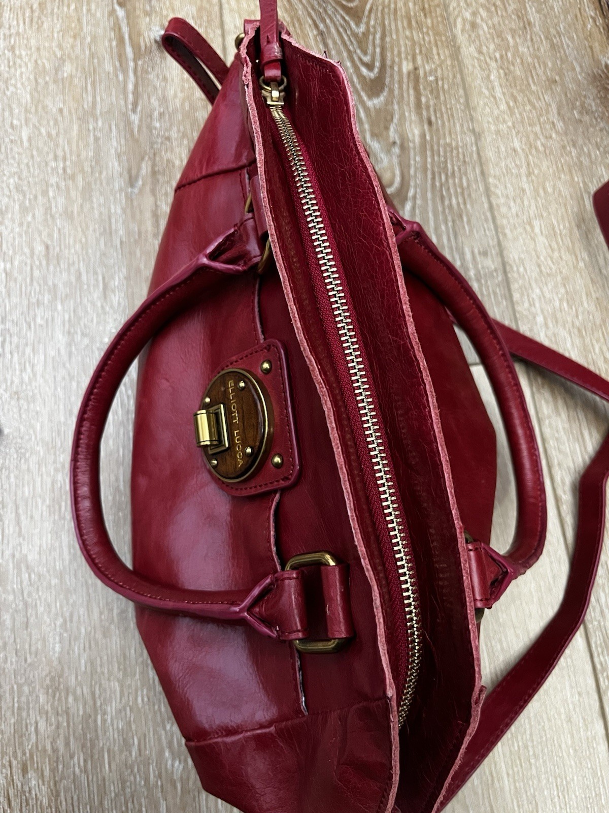 Elliott Lucca Red Large Satchel Gold Hardware Turn Lock Detachable Strap