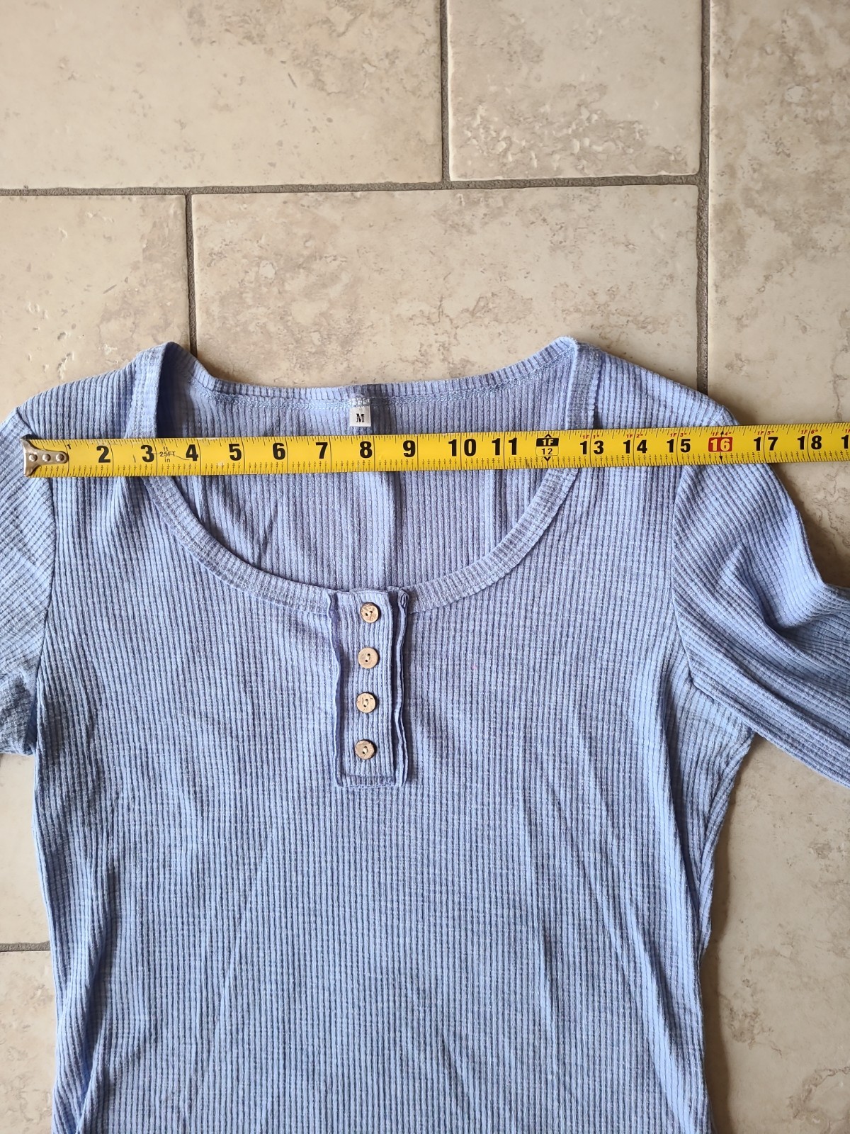 Womens Blue Long Sleeve Top Henley T Shirt Casual Button Ribbed Knit Blouse Sz M