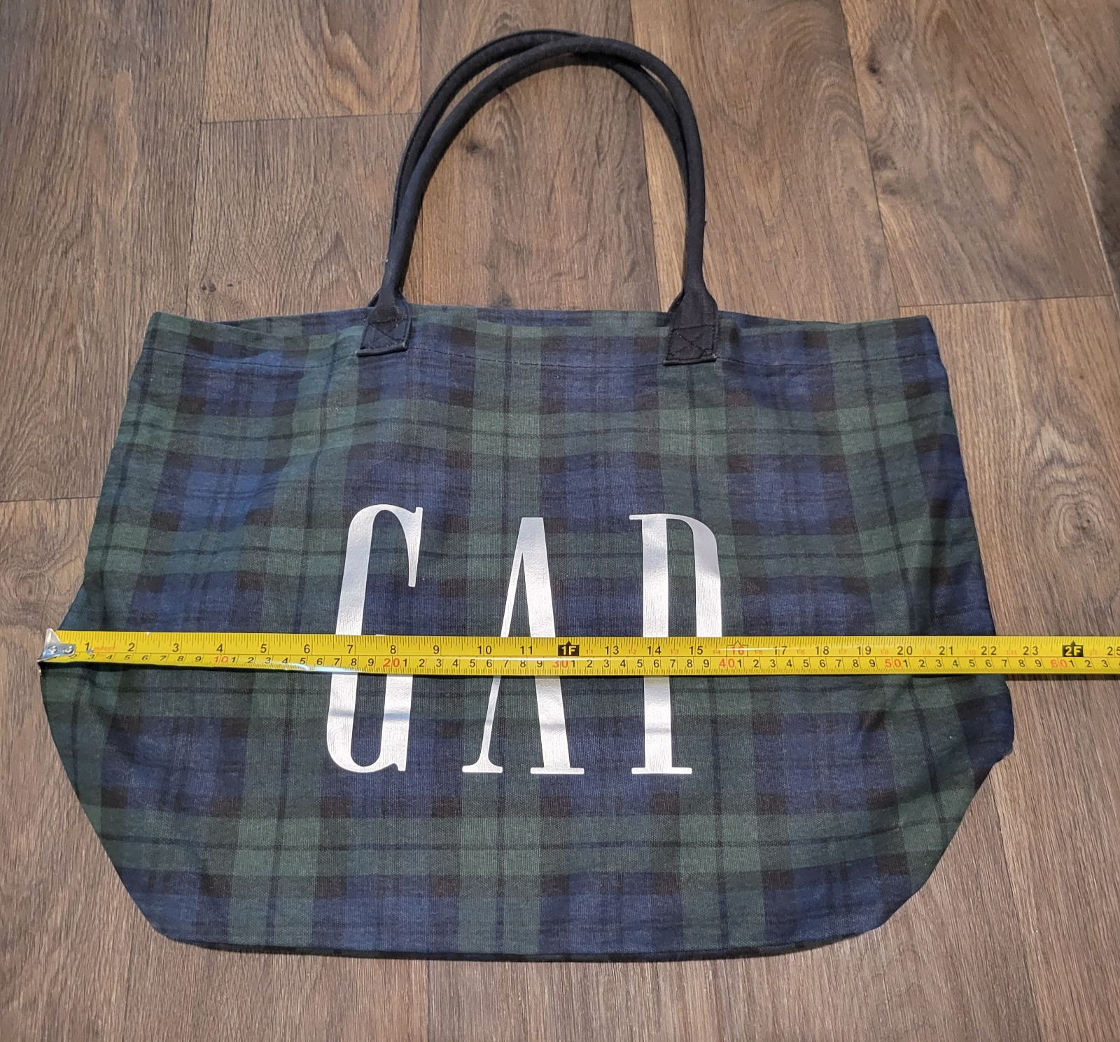 Gap Tote Bag Tartan Plaid Green Silver Logo Cotton 16 x 11 x 4.5 inches