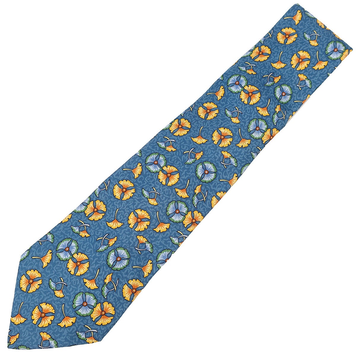 Hermes Necktie Plant Pattern 9Cm Silk Multicolor Blue Ginkgo Flower Leaf