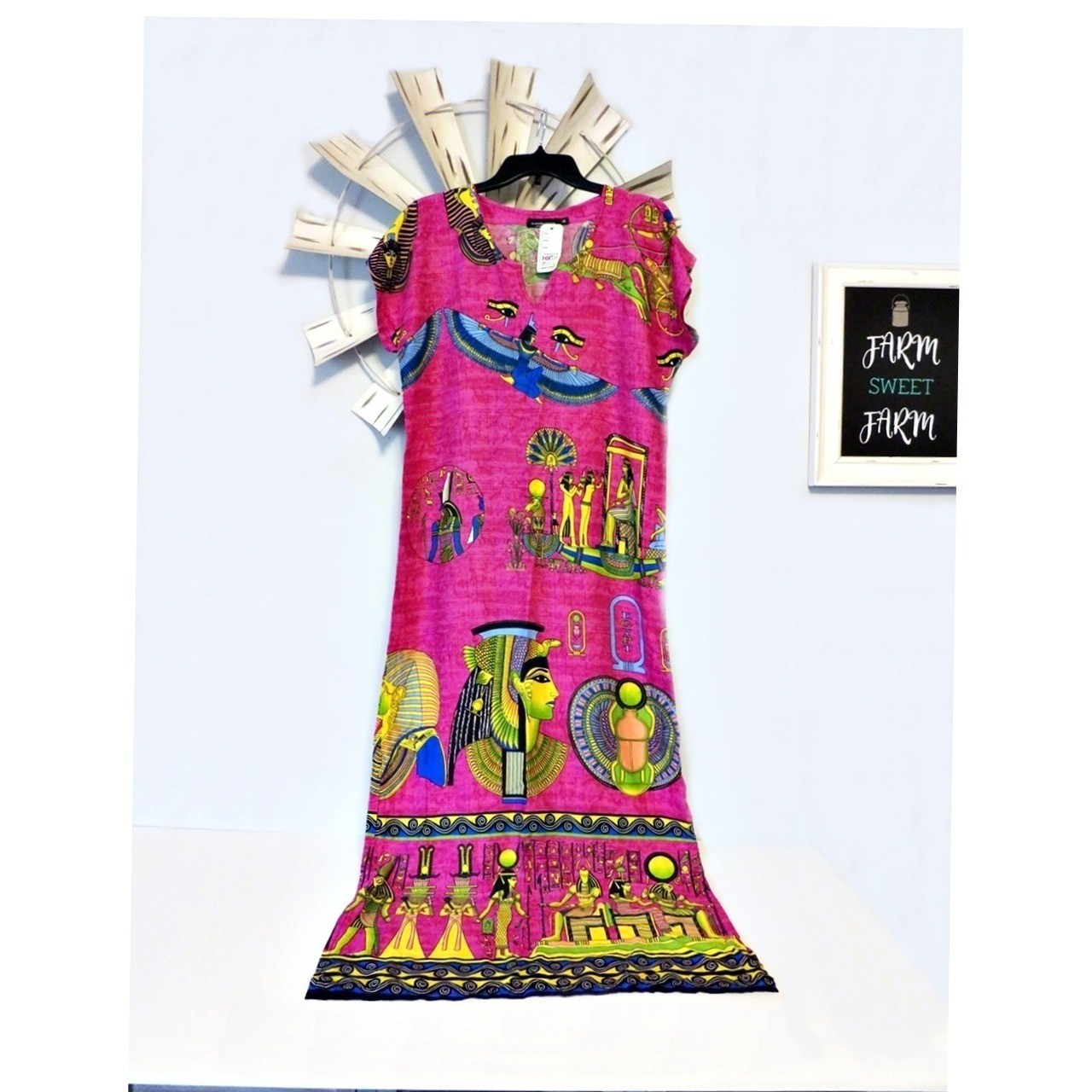 Flower Cotton Egyptian Print Maxi Dress NWT Pink Cotton Cleopatra Goddess Small