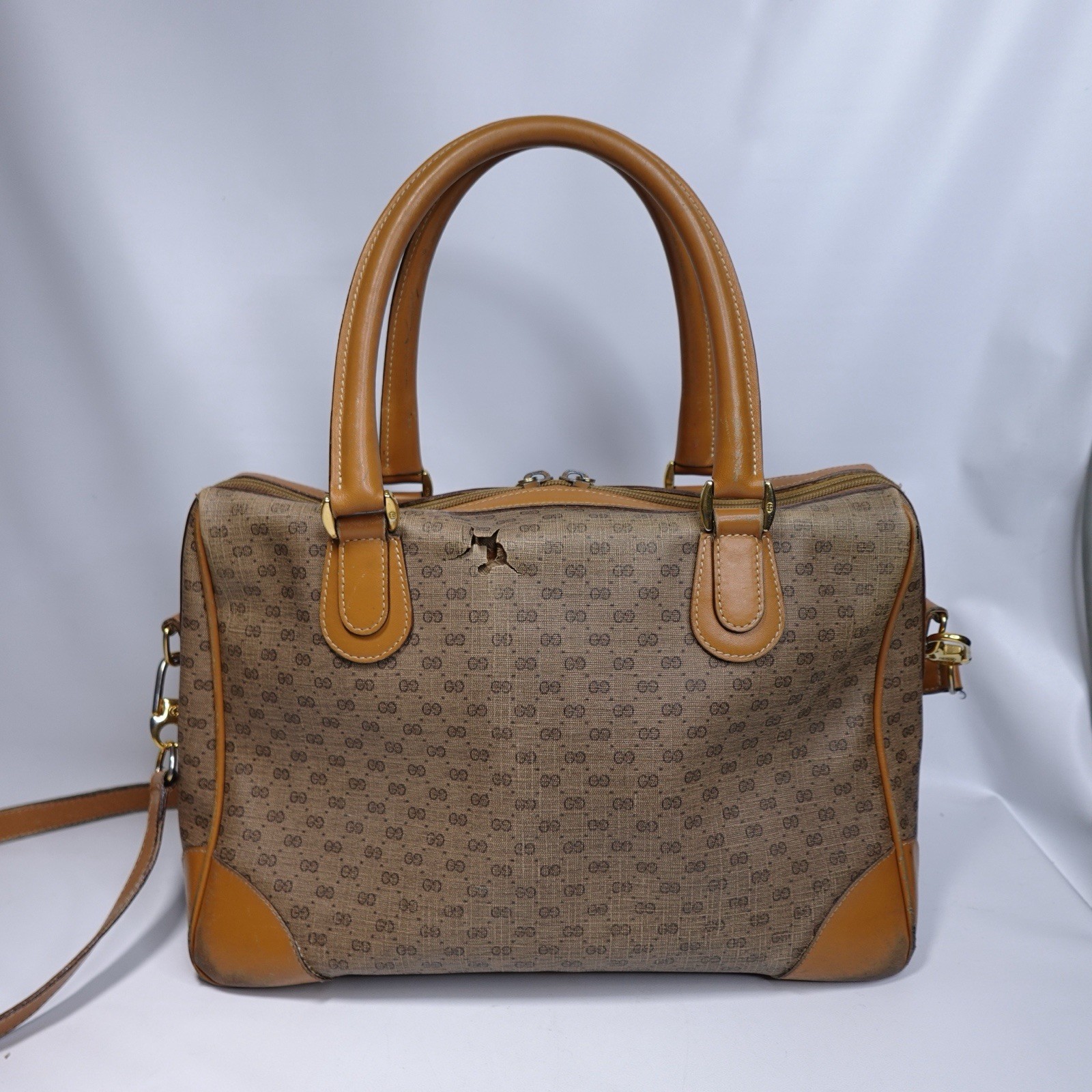 Vintage Gucci GG Supreme Monogram Boston Bag Tan Leather Italy Need Light Repair