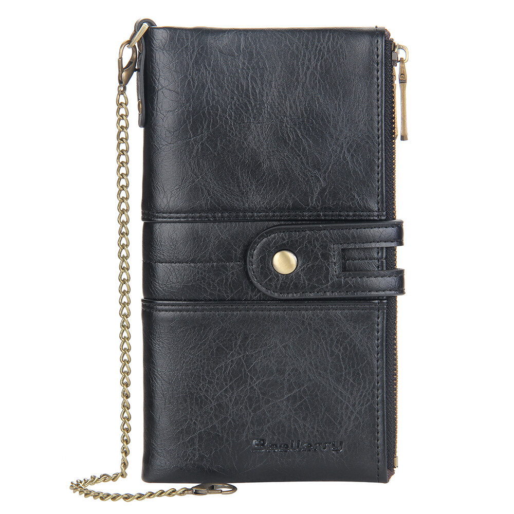 Mens RFID Wallet with Anti-Theft Chain Large Capacity Double Zipper Phone Purse