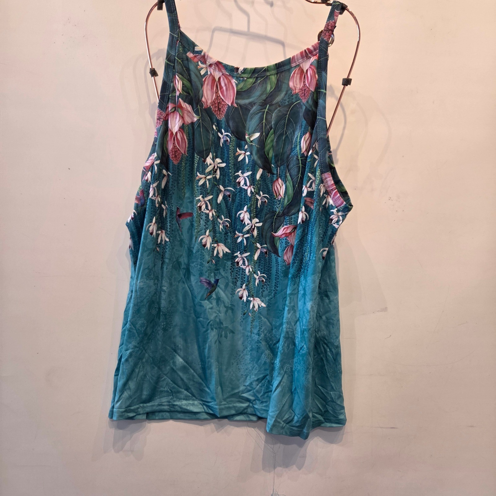 Saukole Tank Top Women XL Green Floral Zipper Chain Strap Tropical Boho NWT