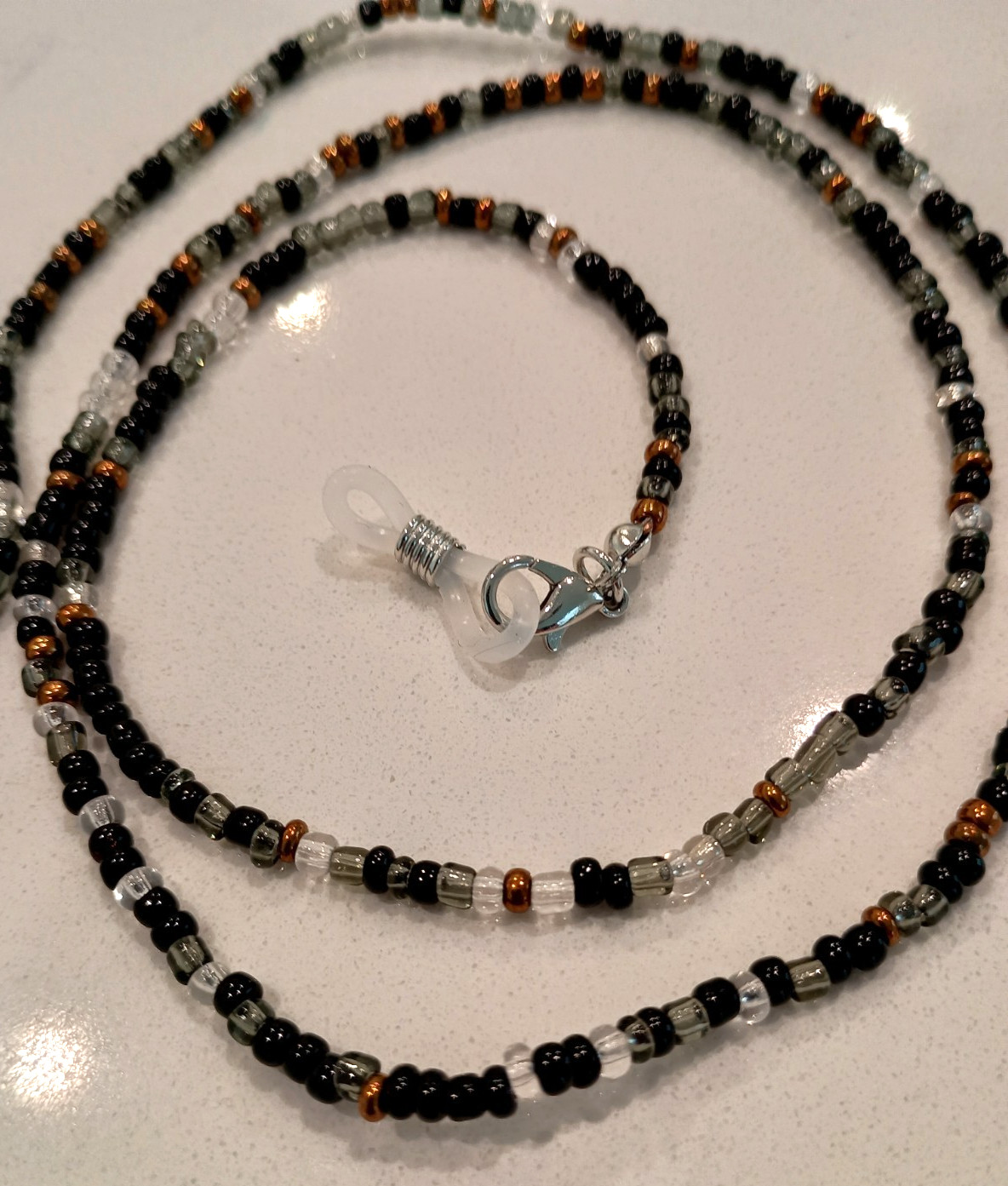 Beaded Necklace With Clasps For Holding Glasses, Masks, Or IDs Black and Bronze