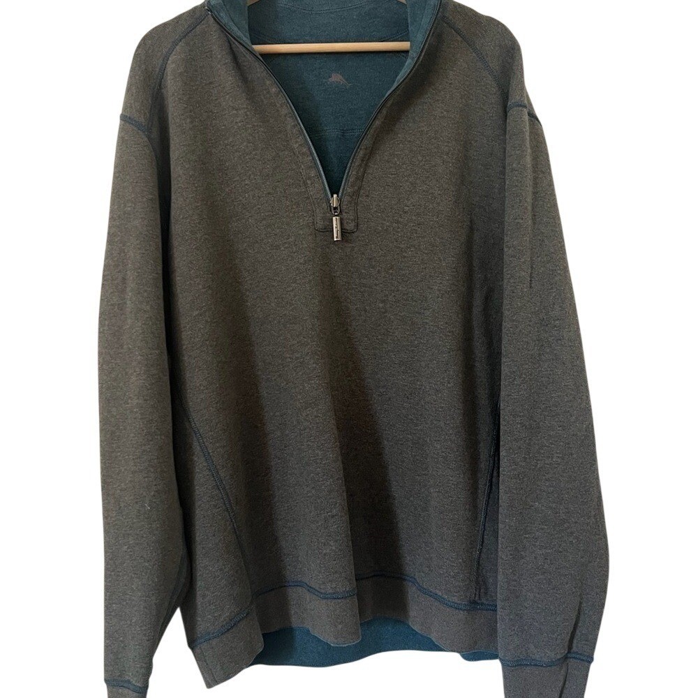 Tommy Bahama Mens Reversible Quarter Zip Pullover Sweatshirt Teal Grey XL