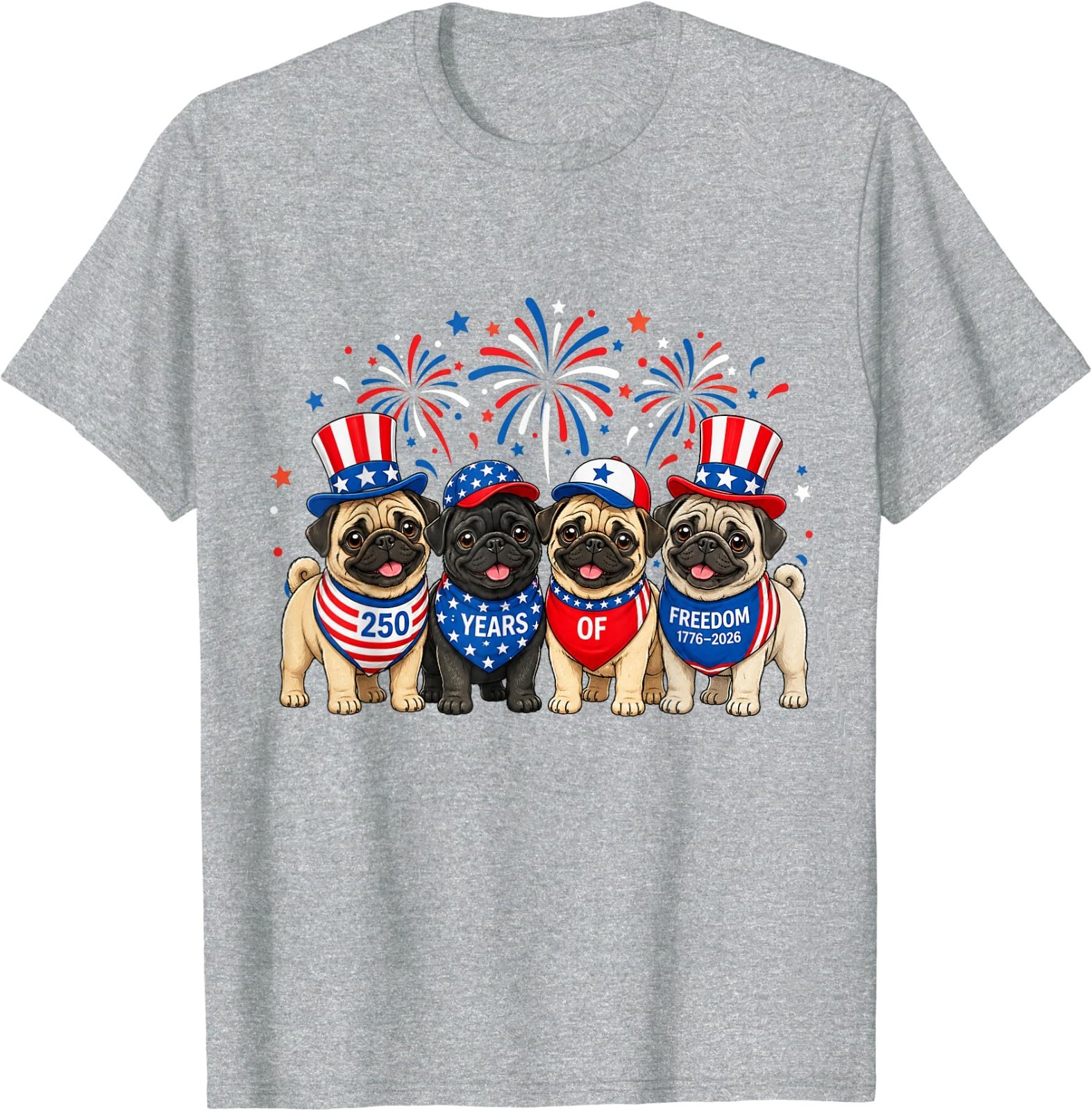 Pug Dog 250 Years American 1776 2026 4th July T-Shirt