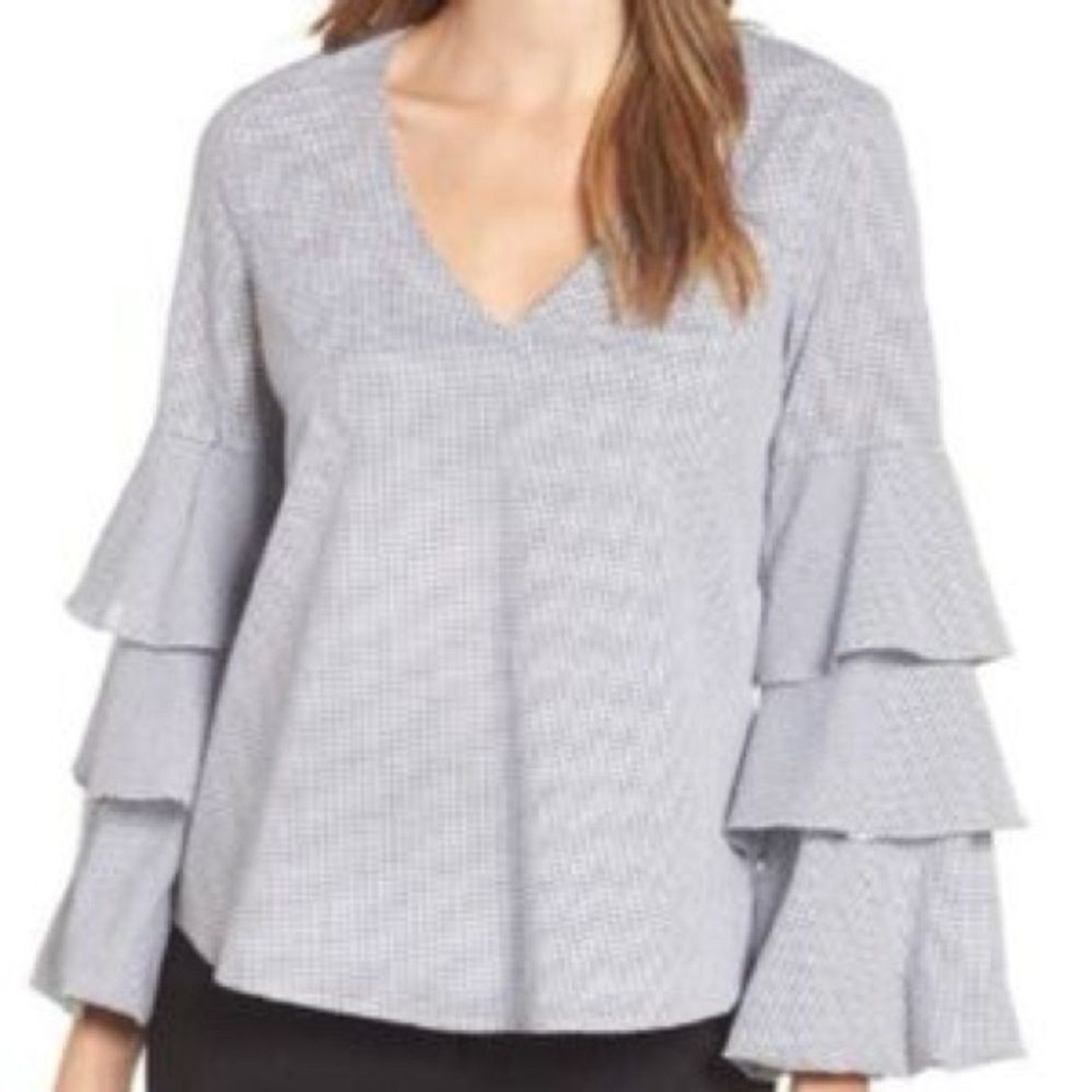 (T6) WAYF Gingham Blouse with Long Bell Sleeves and V-Neckline, Fully Lined,Sz S